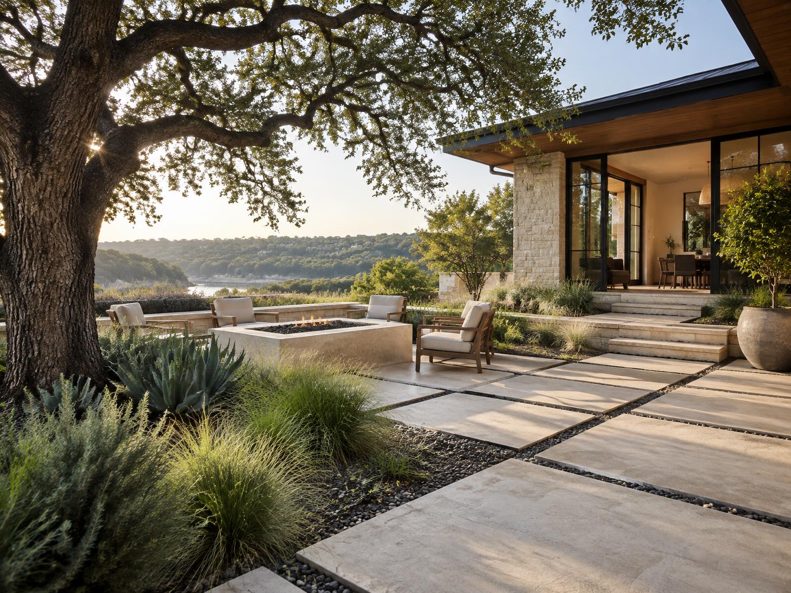 Limestone terrace with native landscaping in Austin, Texas