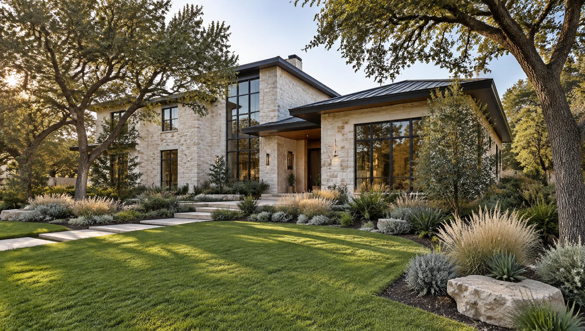 Refined Austin landscape surrounding a limestone home